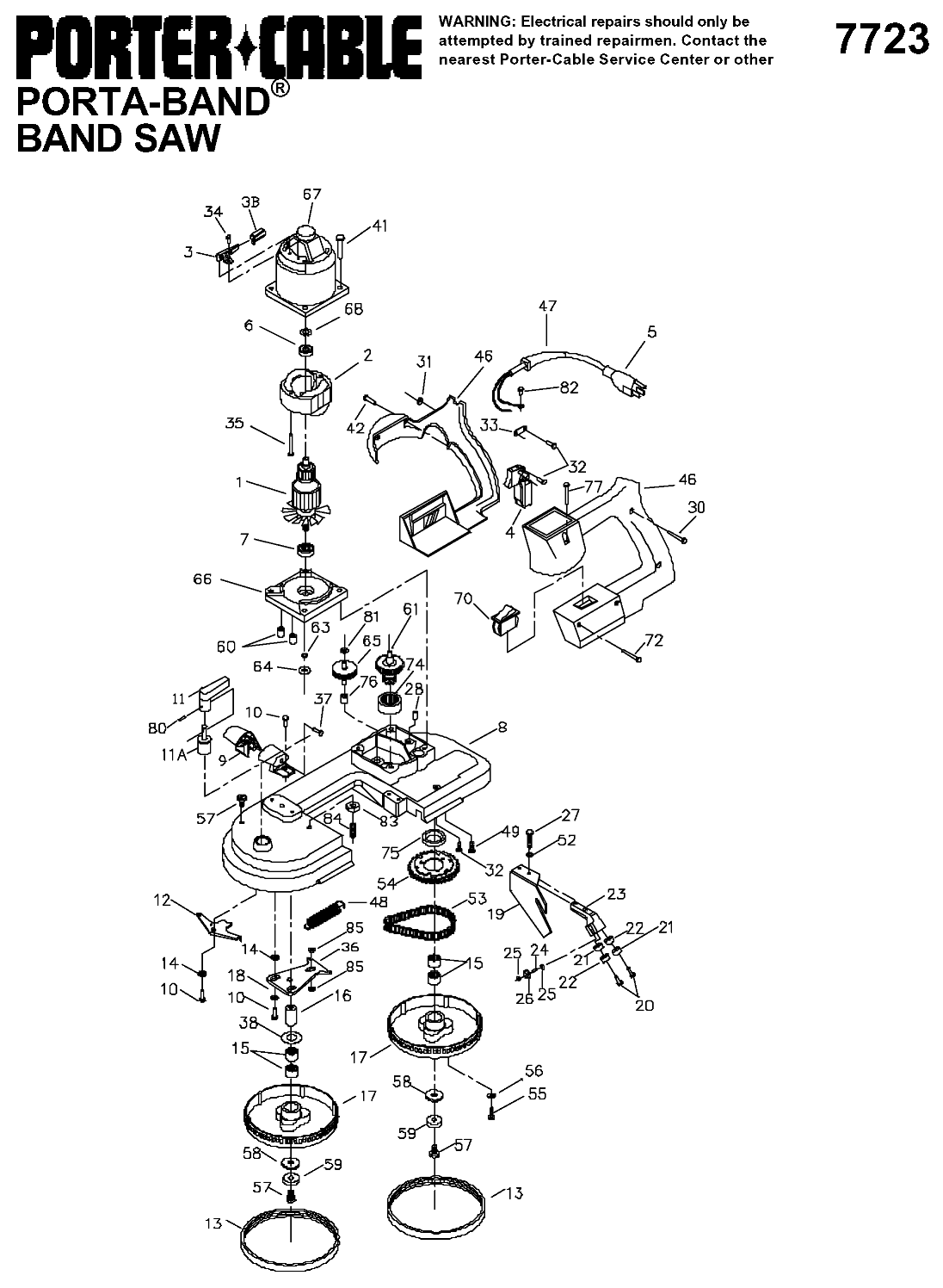 Default Diagram and Parts List for PC7723 Type 3 Porter Cable Band Saw